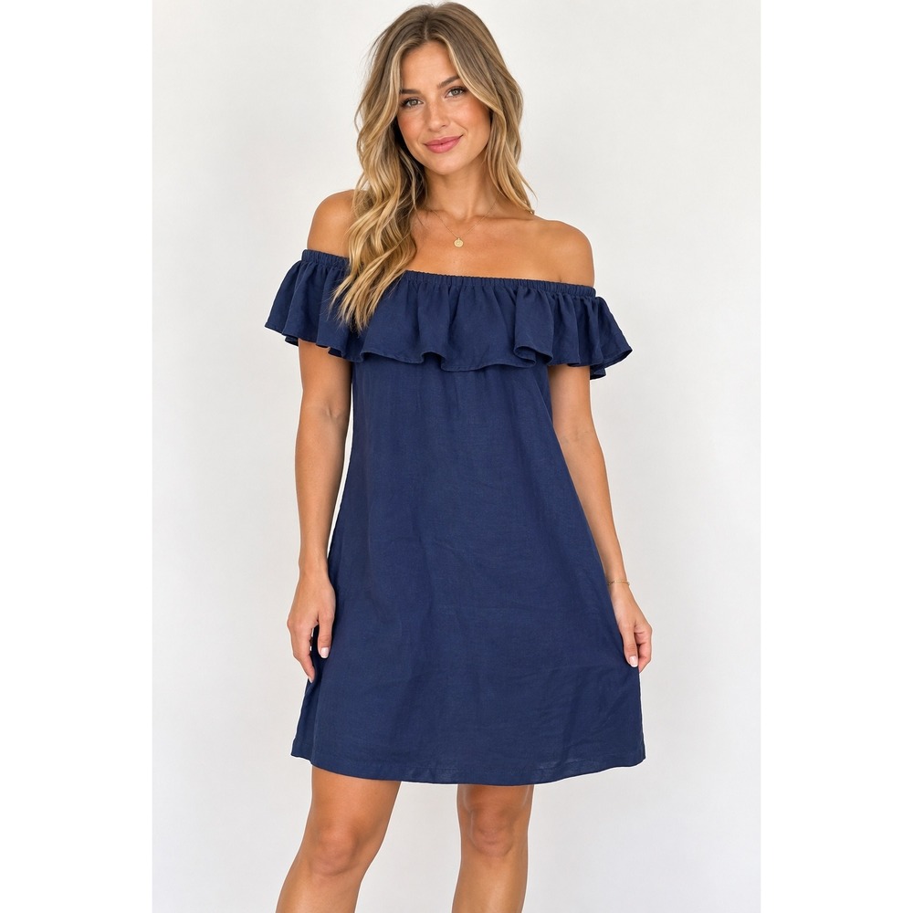 Tommy Bahama Dress Womens Medium Navy Blue Excellent Ruffle Off The Shoulder